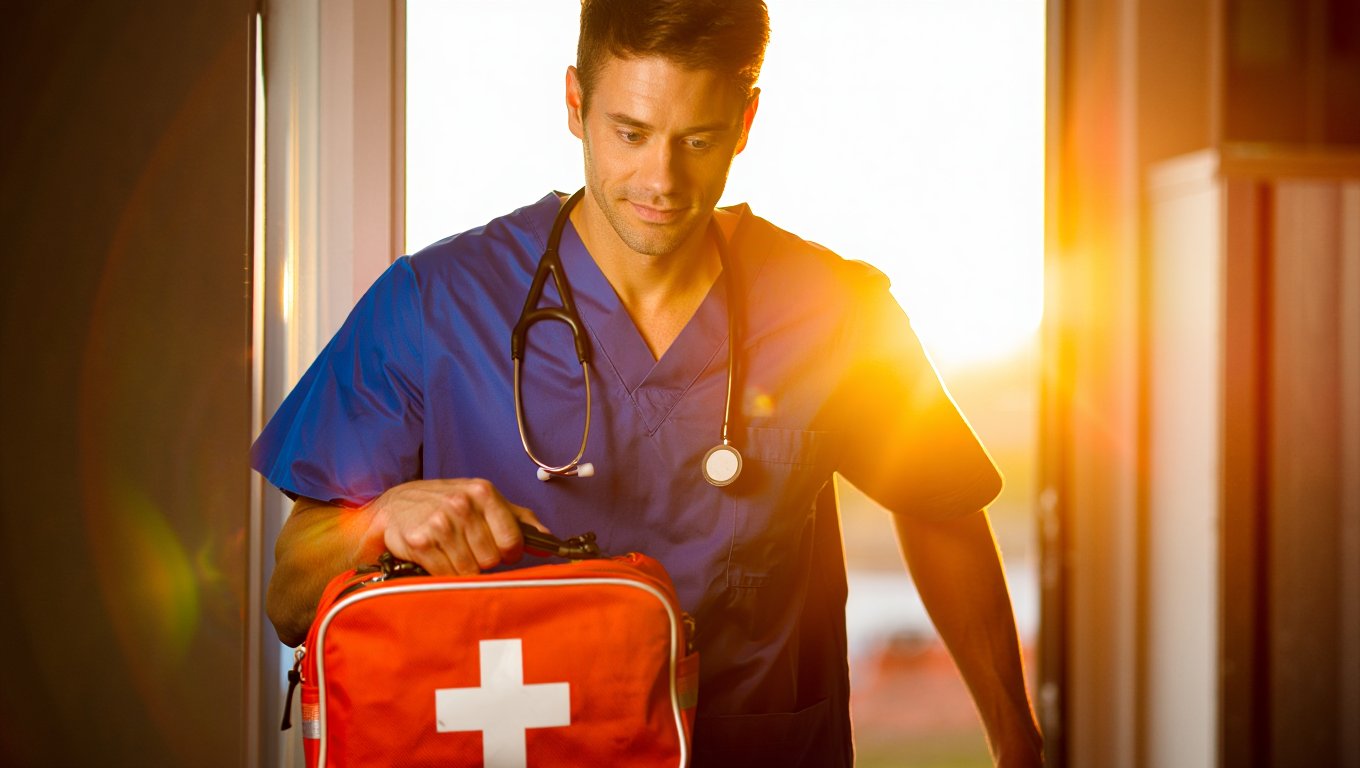 Врач со стетоскопом и медицинской сумкой